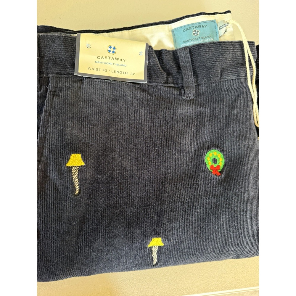 NWT Castaway Men's 42 Blue Corduroy Flat Front Wreath Pants Pockets Embroidered